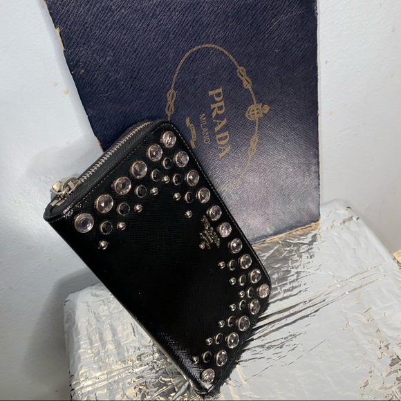 Prada Black Crystal Embellished Zip Around Wallet - Picture 8 of 15